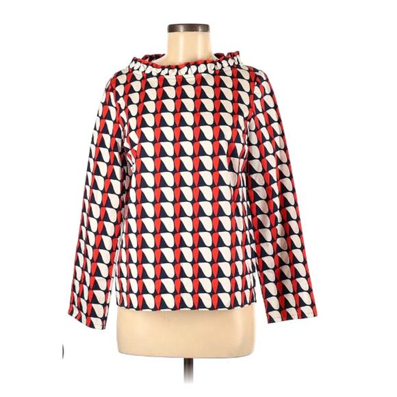 Cos Ruffle Neck Geometric Long Sleeve Top Red Blue Cotton Size 6 NEW - Picture 1 of 8